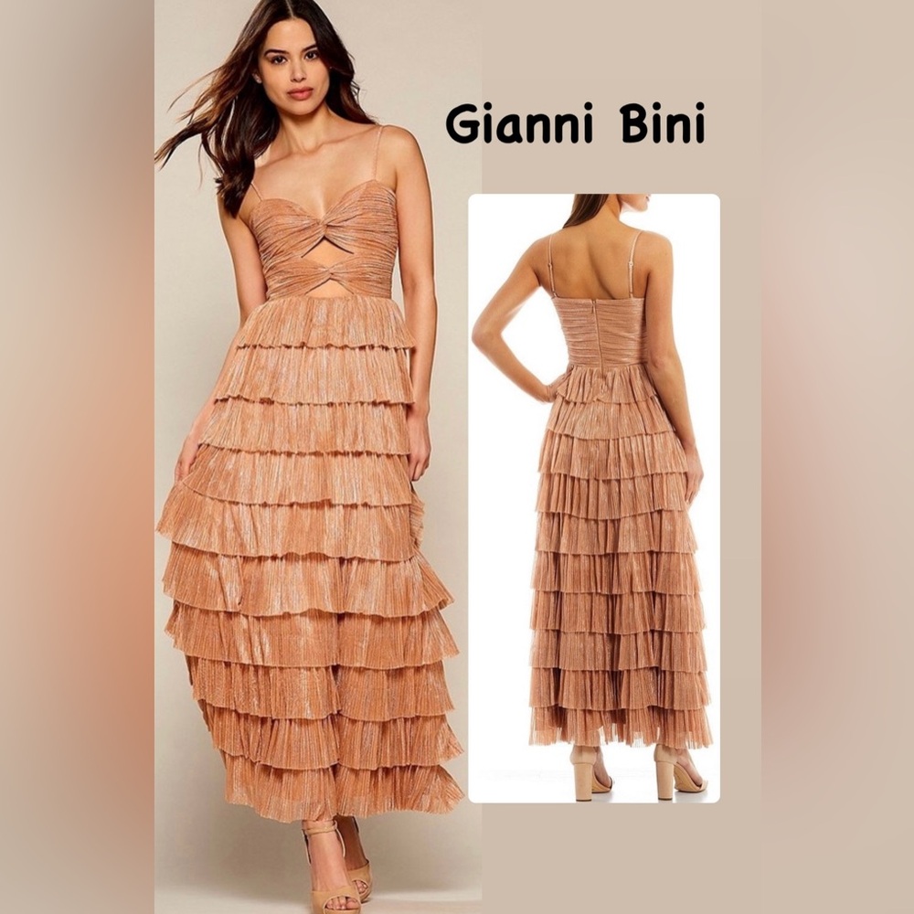Gianni Bini Pleated Tiered Midi Dress in Champagne